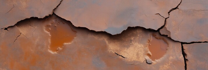 A cracked and broken surface with puddles of water on it. Scene is one of decay and neglect, as the surface appears to be in a state of disrepair