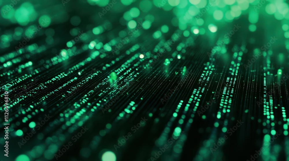 Poster binary code matrix background, perspective view with depth of field, tech style green illuminated nu