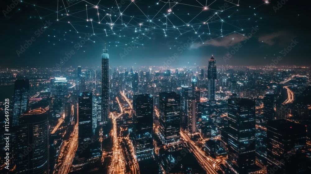 Poster artificial intelligence overlooking a smart city the city is connected to the global mobile internet