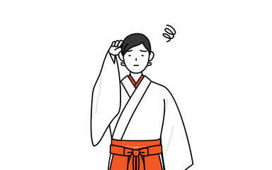 困って頭をかく神社の巫女、白衣と緋袴