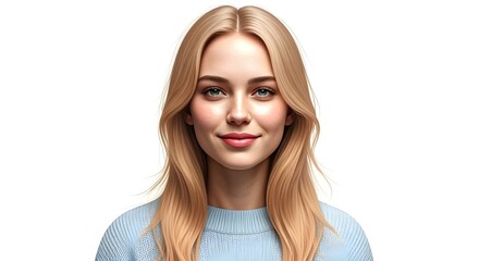 Young female model for child-friendly skincare, haircare, or cosmetic products. Isolated on white background