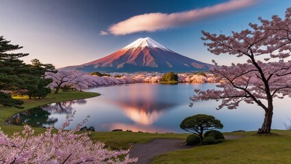 Mount Fuji stands tall, its snow-capped peak reflecting in the serene lake, surrounded by a vibrant...