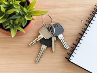 An overhead view of apartment keys on a wooden table next to a potted plant and a spiral notebook, creating a neat and minimalist composition