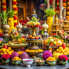 Fototapeta premium Offerings of flowers and fruits placed at an altar