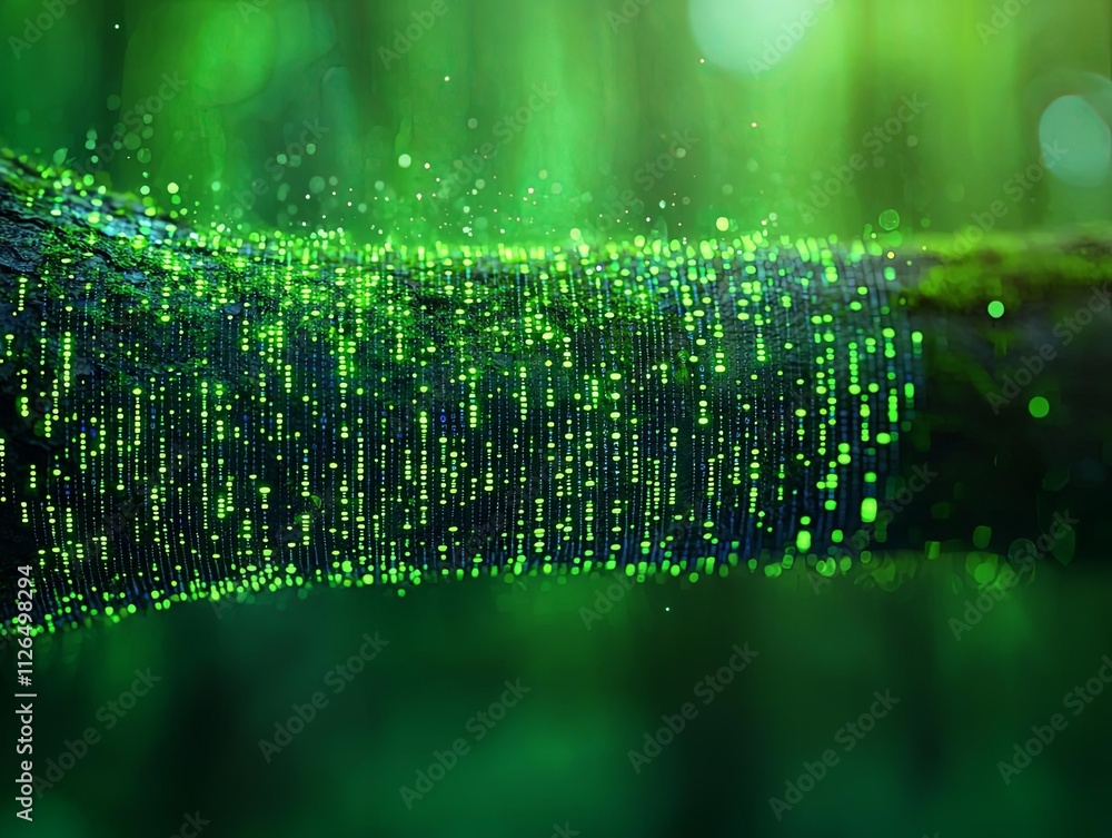 Poster a close up view of a green tree branch with shimmering particles in a lush forest.