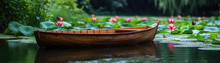 Obraz premium Wooden boat in a serene pond with large green lily pads and pink flowers, calm and peaceful