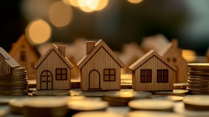 Wooden House Miniatures Coins, Cute Home Models with Coins, Warm Light, Financial Theme Image, Bokeh Background, Real Estate Concept