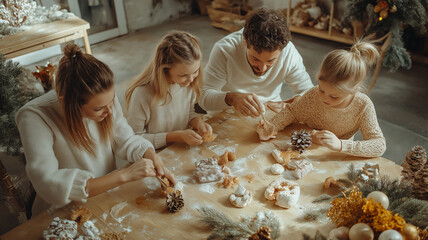 A family of four is gathered around a table, making gingerbread cookies