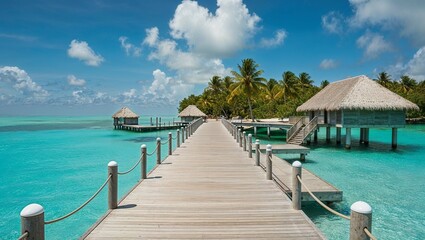 Wooden pier stretching into the turquoise ocean, a tropical paradise in the Maldives