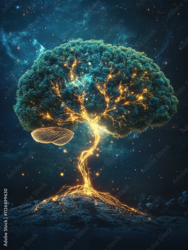 Poster a brain morphs into a tree, featuring luminous neural branches and roots that signify growth and the