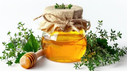 A decorative jar of honey with a wreath of fresh herbs like parsley, rosemary, and thyme, isolated on a white background