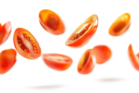 Fresh Tomato Halves in Air on White Background, Vibrant Slices Showcasing Juicy Texture and Healthy Ingredient for Culinary Designs and Food Photography