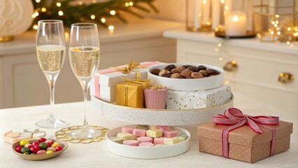 Beautifully wrapped gifts.  Sparkling wine, candies, and sweets. Celebration, event, festivity. Generative AI.