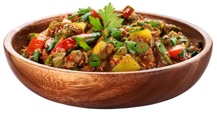 "traditional bhindi gosht salan dish in a wooden bowl, isolated on a transparent background, top view, PNG."