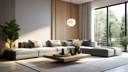 luxury home room interior of stylish modern living room with gray sofas and coffee table near large window