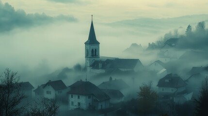 Foggy Village with Church Tower and Surrounding Countryside Landscape