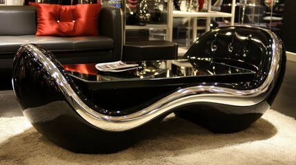 Naklejka premium Stylish Modern Black Coffee Table with Chrome Accents in Contemporary Living Room Setting
