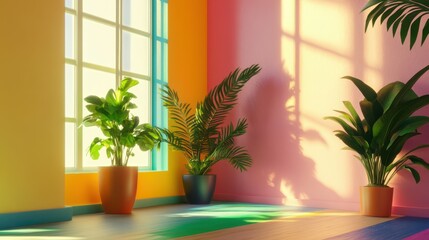 Bright apartment interior with colorful walls and potted plants, symbolizing modern rental living.