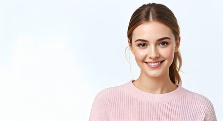 Young smiling female model for child-friendly skincare, haircare, or cosmetic products. Isolated on white background