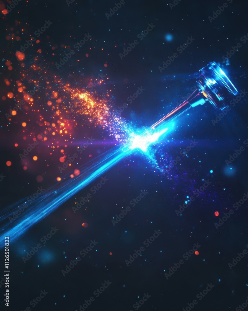 Poster blue laser beam effect dash with high-speed shine and emit colorful light on dark black background c