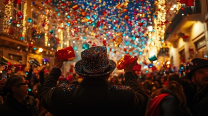 Fototapeta premium People dancing in the streets with New Year s hats, spontaneous celebration focus on, celebration theme, whimsical, blend mode, street festival backdrop