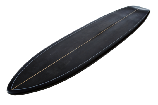 A sleek black longboard surfboard with subtle beige stringer detailing along the center, featuring a streamlined design for smooth gliding on waves, set against a transparent background
