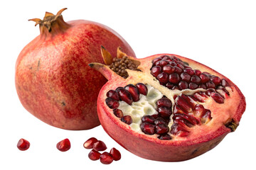 A sliced pomegranate showcasing its glossy red seeds spilling out, alongside a whole fruit in the background, with loose seeds scattered nearby, set against a transparent background