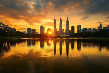 Obraz premium sunset over city skyline reflecting in water