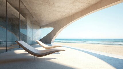 Fototapeta premium Modern Beach House Lounge Chairs Overlooking Ocean