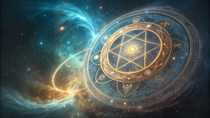 Naklejka premium Cosmic mandala design in mystical atmosphere with glowing elements and vibrant colors