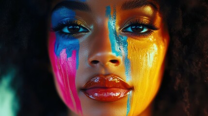Beautiful girl model with multi-colored paints on her face. Woman bright color make-up. Cosmetics, beauty and Golden makeup. Afro style