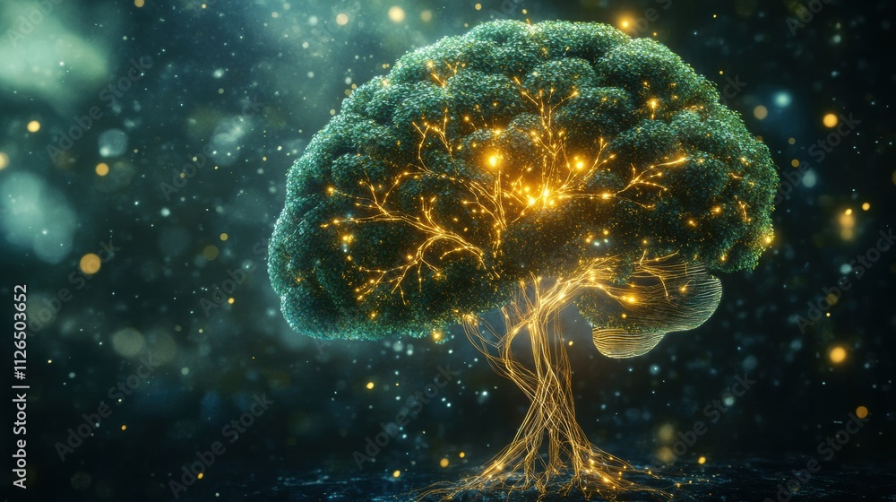 Poster a vibrant brain evolves into a luminous tree, featuring glowing neural branches and roots, capturing