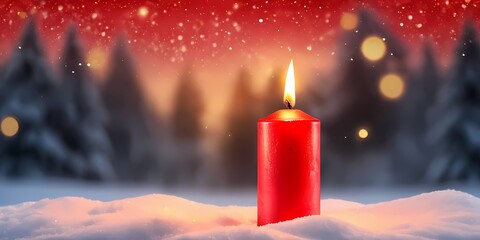 A glowing red candle with golden ornaments rests on snow, radiating warmth against a bokeh backdrop.