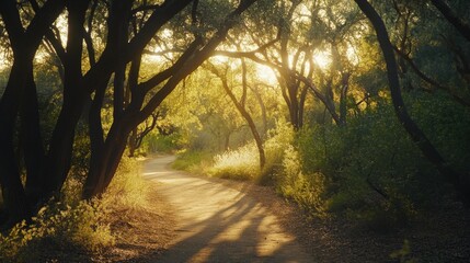 Naklejka premium serene forest path illuminated by golden sunlight