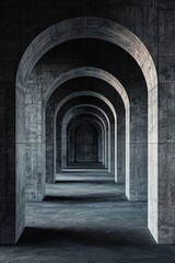 Fototapeta premium A minimalist, dark gray background with an architectural structure made of concrete arches, in a cinematic style