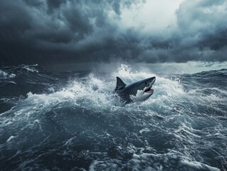 Naklejka premium shark breaching the surface in stormy waters
