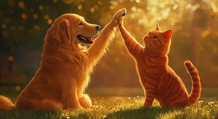 A golden retriever dog and a red cat high-fiving on green grass in summer