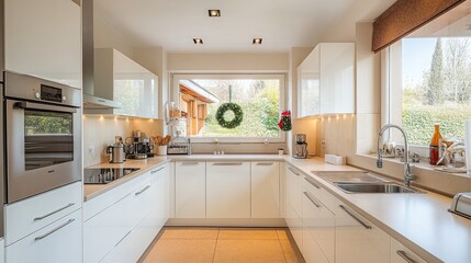 Modern kitchen with white cabinets, a small Christmas wreath on the wall, and a few soft lights for a minimalist holiday look