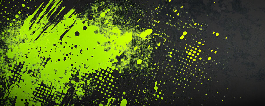 Textured halftone blend of neon green splashes, strokes, and dots on black, ideal for creating edgy, contemporary banners.
