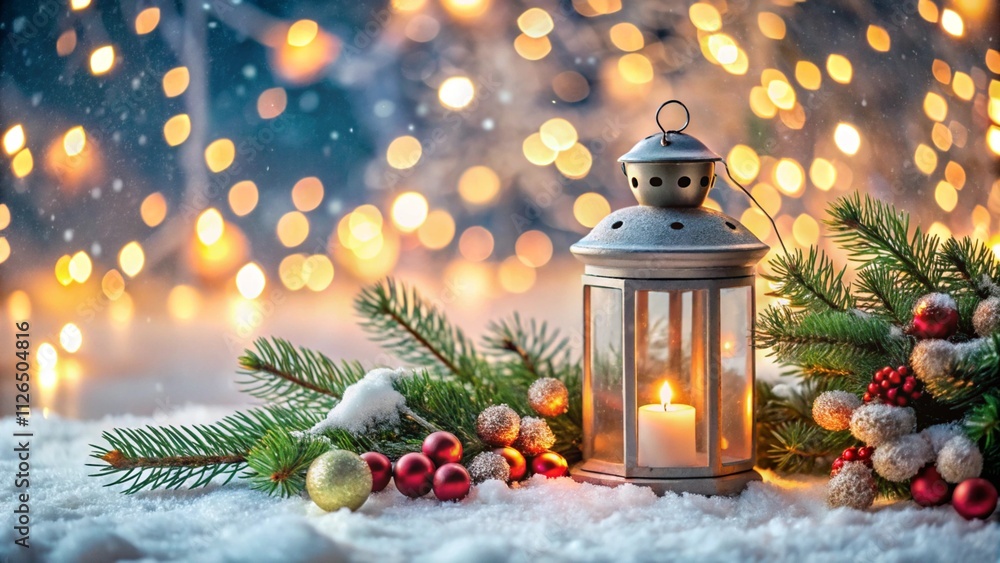 Poster christmas lantern with fir branch and decoration on snowy table - abstract bokeh lights on backgroun