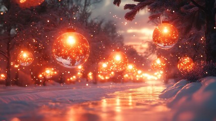 Naklejka premium A Snow-Covered Road with Street Lights.