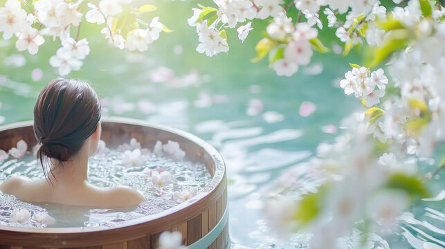Tranquil Spring Ritual: A woman finds serenity and peace in a wooden bath surrounded by blossoming cherry trees, petals gently falling upon the water.