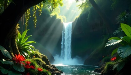 Rainforest waterfall greenery, hanging vines, exotic flowers, misty air, and sun rays filter through.