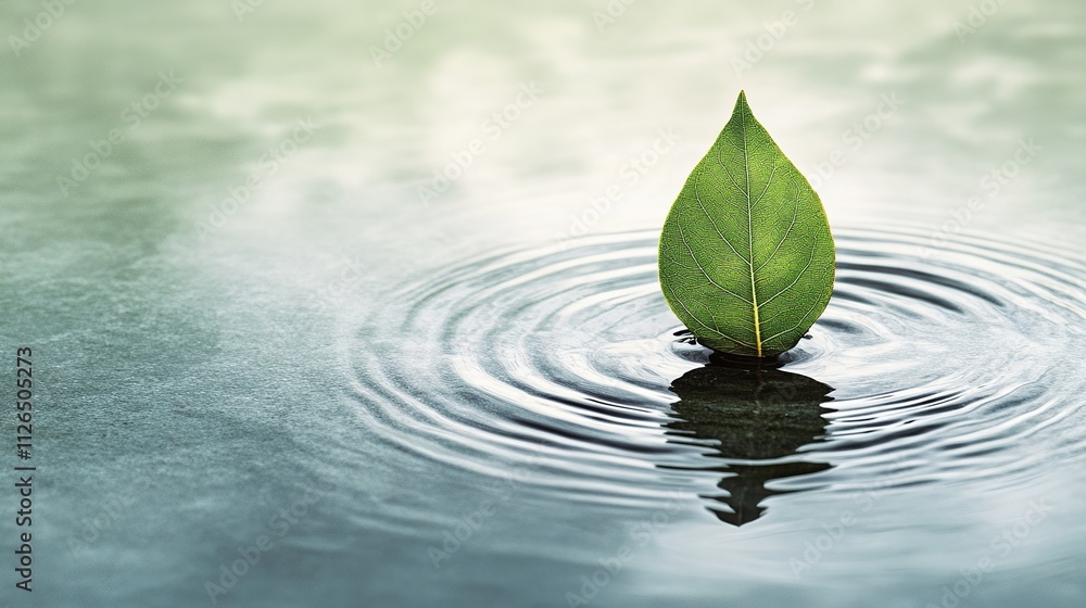 Poster a single leaf floating on a calm pond, symbolizing peace and acceptance in the face of uncertainty.
