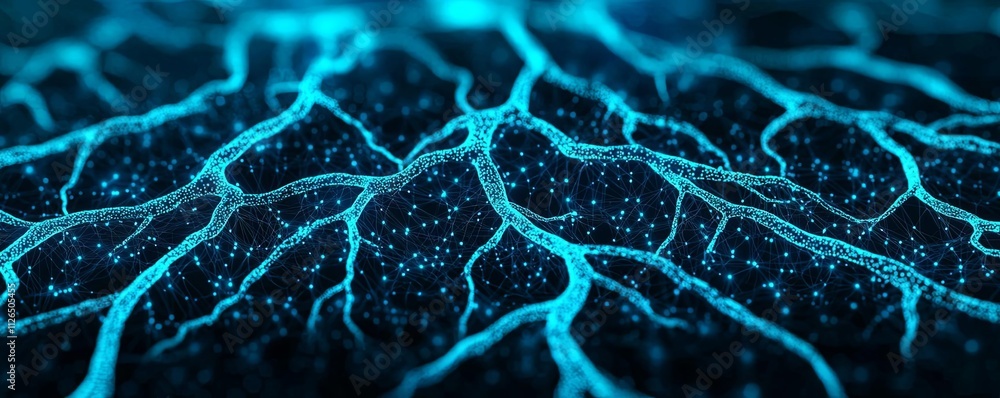 Poster abstract macro view of illuminated blue veins on a dark surface showcasing intricate patterns.