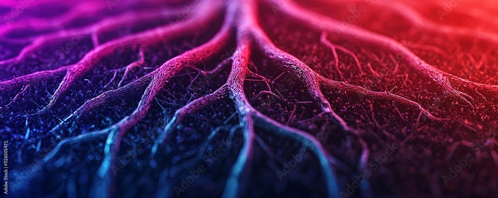 Poster abstract image depicting vibrant, intricate root-like structures in vivid colors.