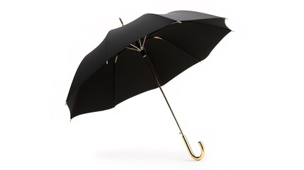 Classic black umbrella with gold handle, isolated on white background.