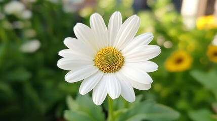 Obraz premium Daisy Delight: A solitary white daisy blooms in a lush garden, its delicate petals unfurling in the warm sunlight. Its vibrant yellow center adds a pop of color to the scene.