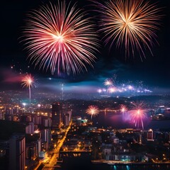 Stunning Fireworks Over the City Skyline Lighting Up the Night