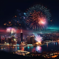 City Skyline Illuminated by Vibrant Fireworks at Night